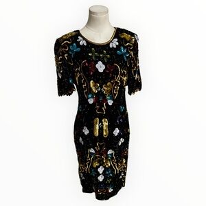 CARINA Vintage Beaded Sequins Black Gold Embellished Dress 80’s Cocktail Party M